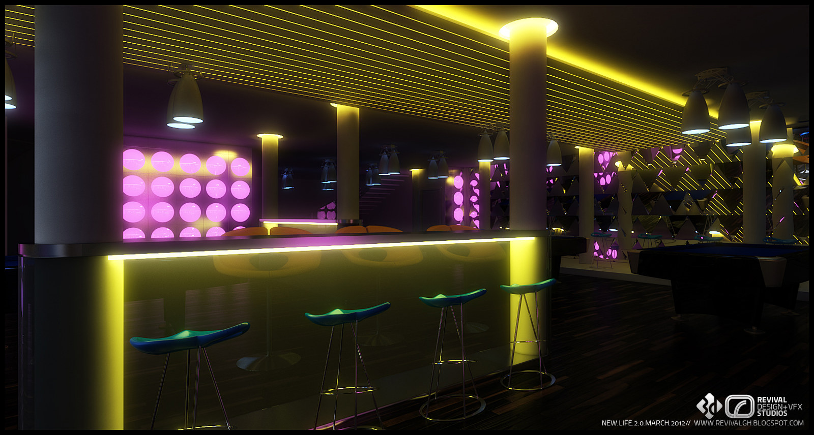 Bar counter picked out in warm yellow strip light beneath a slatted luminous ceiling, a brass column at the corner, mirrored back bar with pink disc panels and a row of teal stools.