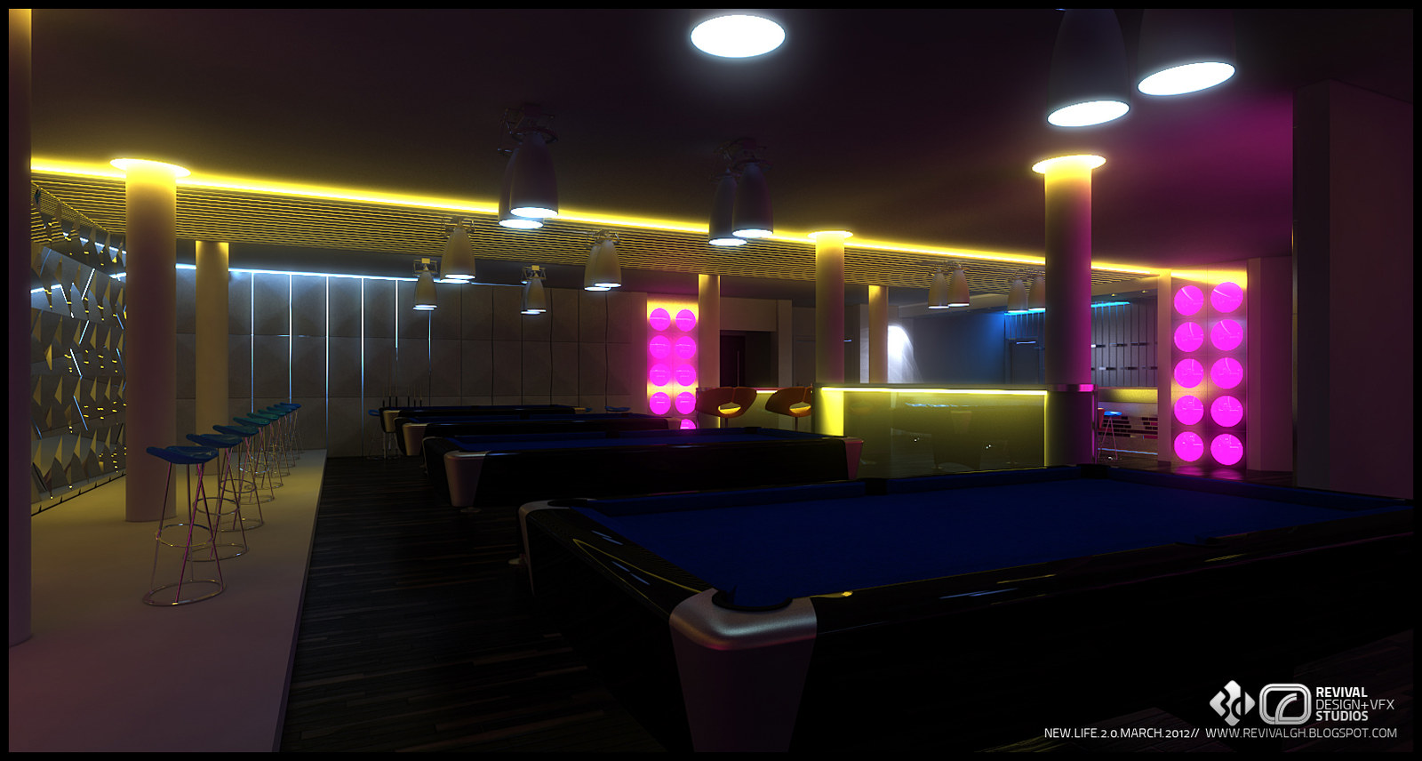 Billiards hall: a blue-clothed pool table in the foreground, yellow cove lighting overhead, a glass-block partition at the left and a wall of pink disc lights at the far end.