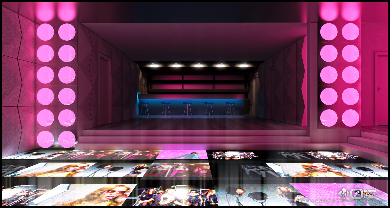 Dance floor of illuminated photo tiles laid out in a grid, leading to a raised DJ booth glowing pink at the far end, with columns of disc lights framing the room.