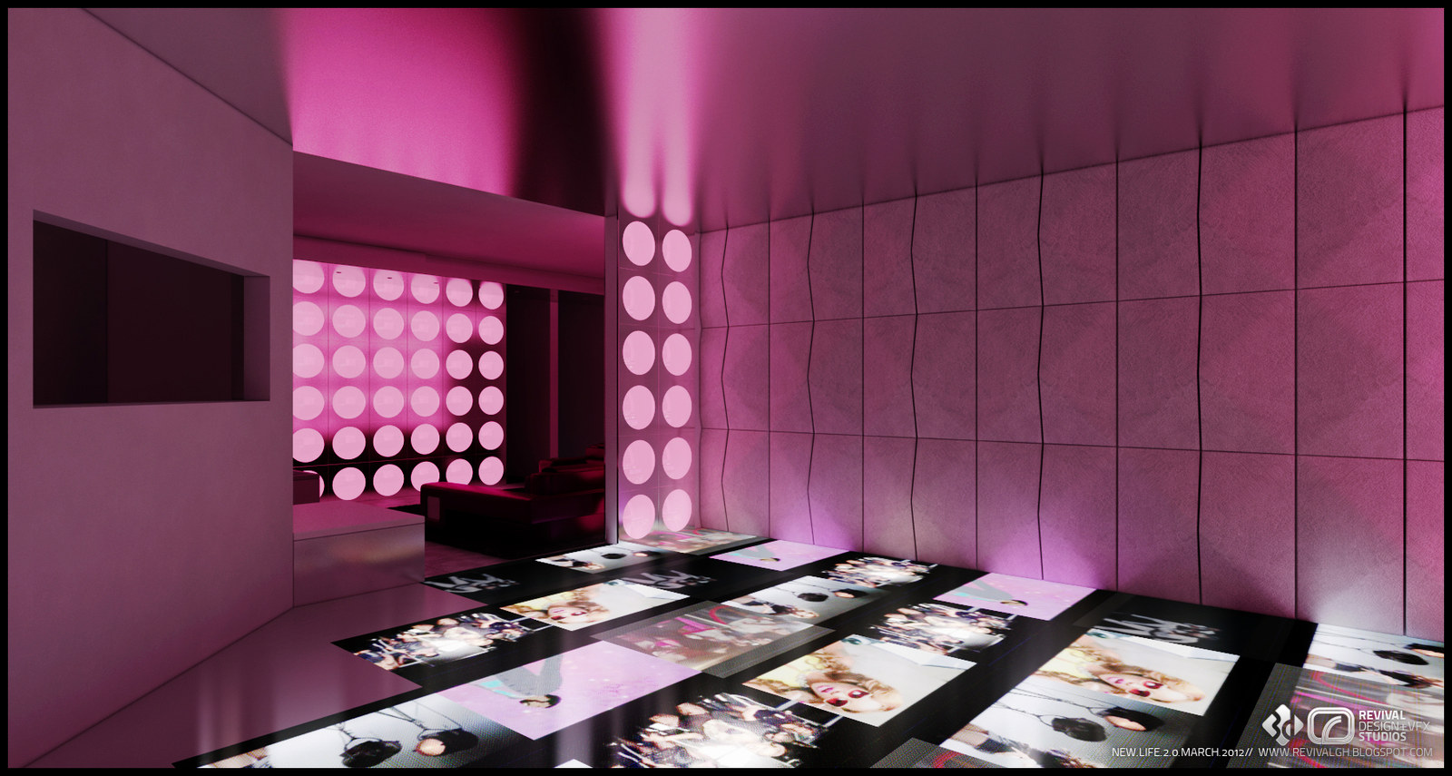 The lit dance floor seen from the side: quilted pale-pink wall panels, a band of disc lights and the glowing floor tiles running towards a bar at the end of the room.