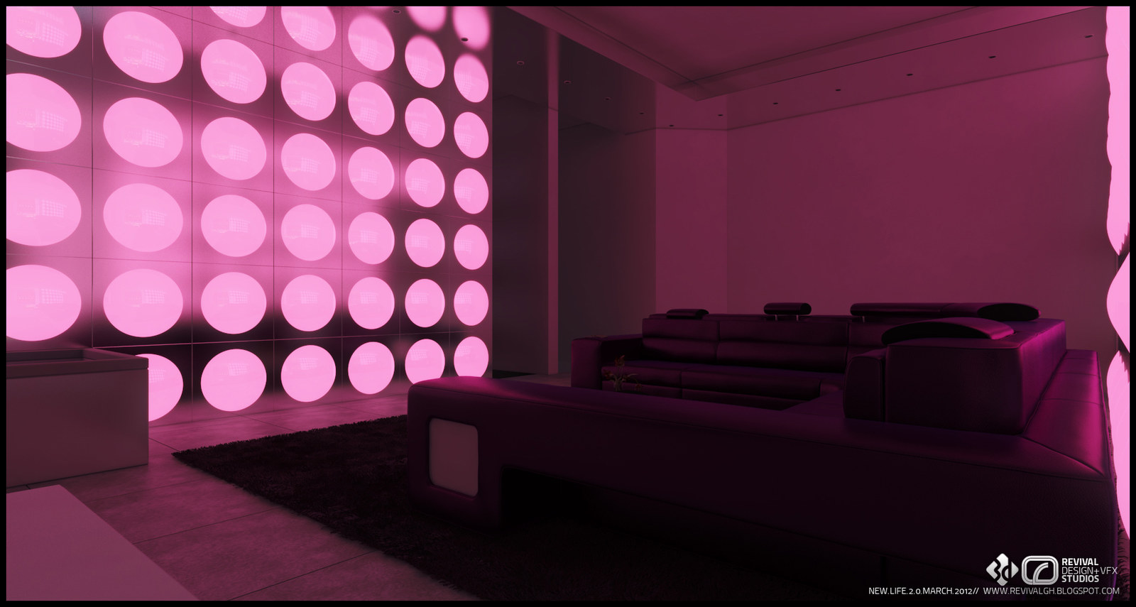 Low banquettes set on a dark rug in front of a full-height wall of glowing pink discs that wraps the corner of the lounge.