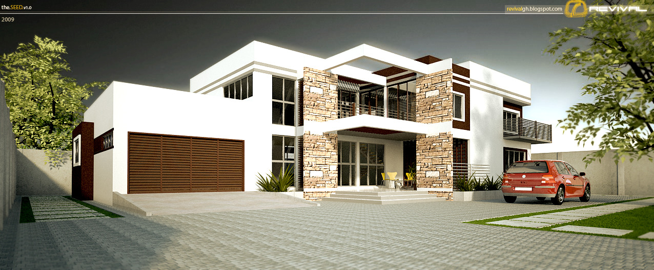 A wide dusk visualization of a modern two-storey house seen from its front drive. A black band runs across the top of the frame carrying the.SEED.v1.0 in white and gold over a hairline rule with the year 2009 beneath it at the left, and revivalgh.blogspot.com, the gold rounded studio mark and the REVIVAL wordmark at the right. The house is white and cuboid with flat roof lines, its facade broken by two piers of rough honey-coloured stone and by dark brown banding; a slatted brown garage door sits at the left under a white wall, a brown pergola shades the entrance at the centre where two yellow chairs are set on a paved step, first-floor windows run behind metal railings and a balcony projects at the right. Interlock paving fills the foreground, a red-orange hatchback is parked at the right, low plants line the front of the house and leafy branches frame the image at both sides against a grey evening sky.