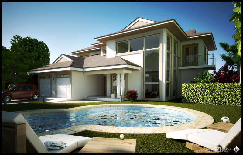A garden-side render of a two-storey detached house: cream rendered walls under brown-grey pitched roofs with wide eaves, a full-height glazed bay joining the floors at the centre, a covered porch on columns, and a first-floor balcony with a glass balustrade over the right wing. A lower wing at the left holds a double garage with two panelled doors and a maroon hatchback stands beyond it. A circular pool with pale stone coping sits in the lawn in the middle ground, framed in the immediate foreground by two white sun-loungers and a low timber table carrying a glass, with a football left on the grass at the right and a clipped hedge and beds of red planting closing the plot under a clear blue sky.