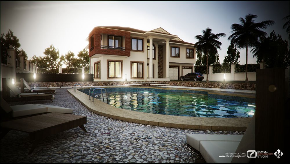 Dusk exterior visualization of a two-storey detached house seen from across a free-form swimming pool: cream rendered walls with a red-brick upper volume at the left, a two-storey arched window bay and a columned pedimented portico over the entrance, lit interiors behind large timber-framed windows and two garage doors at the right; a dark SUV parked by the stone-clad boundary wall, palm trees behind it, and in the foreground the pool&rsquo;s underwater lights glow on a pebble deck laid with sun loungers.