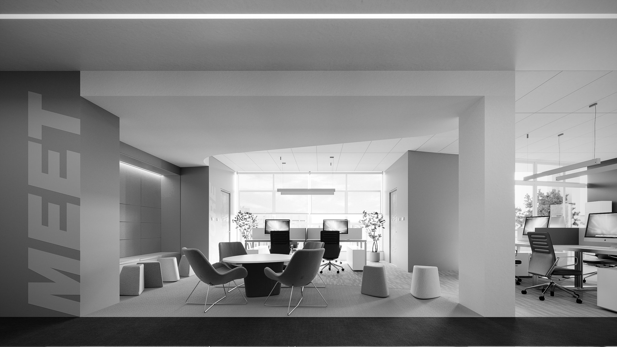 Hubtel Nairobi office meeting area, shown in monochrome: a round white table with four lounge chairs and moulded stools under a recessed ceiling, the word MEET running up the dark wall at the left, and desks with monitors and task chairs along a full-width window beyond