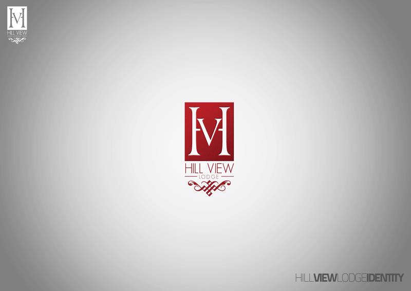 A logo presentation sheet on a silver field that brightens to white through the centre and falls to grey at the corners. The mark sits mid-sheet: a tall deep-red rectangle carrying a white serif monogram in which two heavy vertical stems frame a V, so that H, V and M read at once. Under the block comes HILL VIEW in a thin red geometric sans, then LODGE in small widely tracked red capitals held between two hairlines, and below that a red knotwork scroll with curled ends. The same lockup is repeated small and reversed in white at the top-left corner, and the foot of the sheet carries the series signature, with HILL and LODGE in pale grey capitals alternating with VIEW and IDENTITY in bold dark grey.