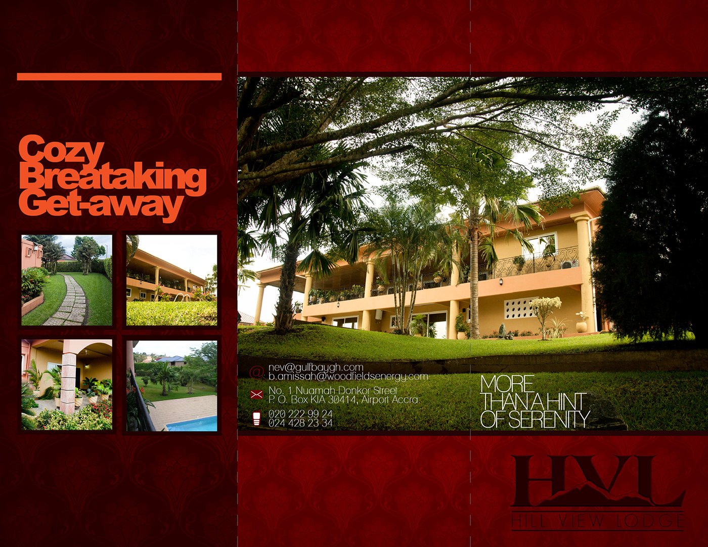Outer spread of the brochure: a maroon cover panel with orange stacked words Cozy, Breathtaking, Get-away, four small photographs, a large image of the terraced lodge under palms, a contact block, and the HVL monogram with the tagline More Than A Hint Of Serenity.