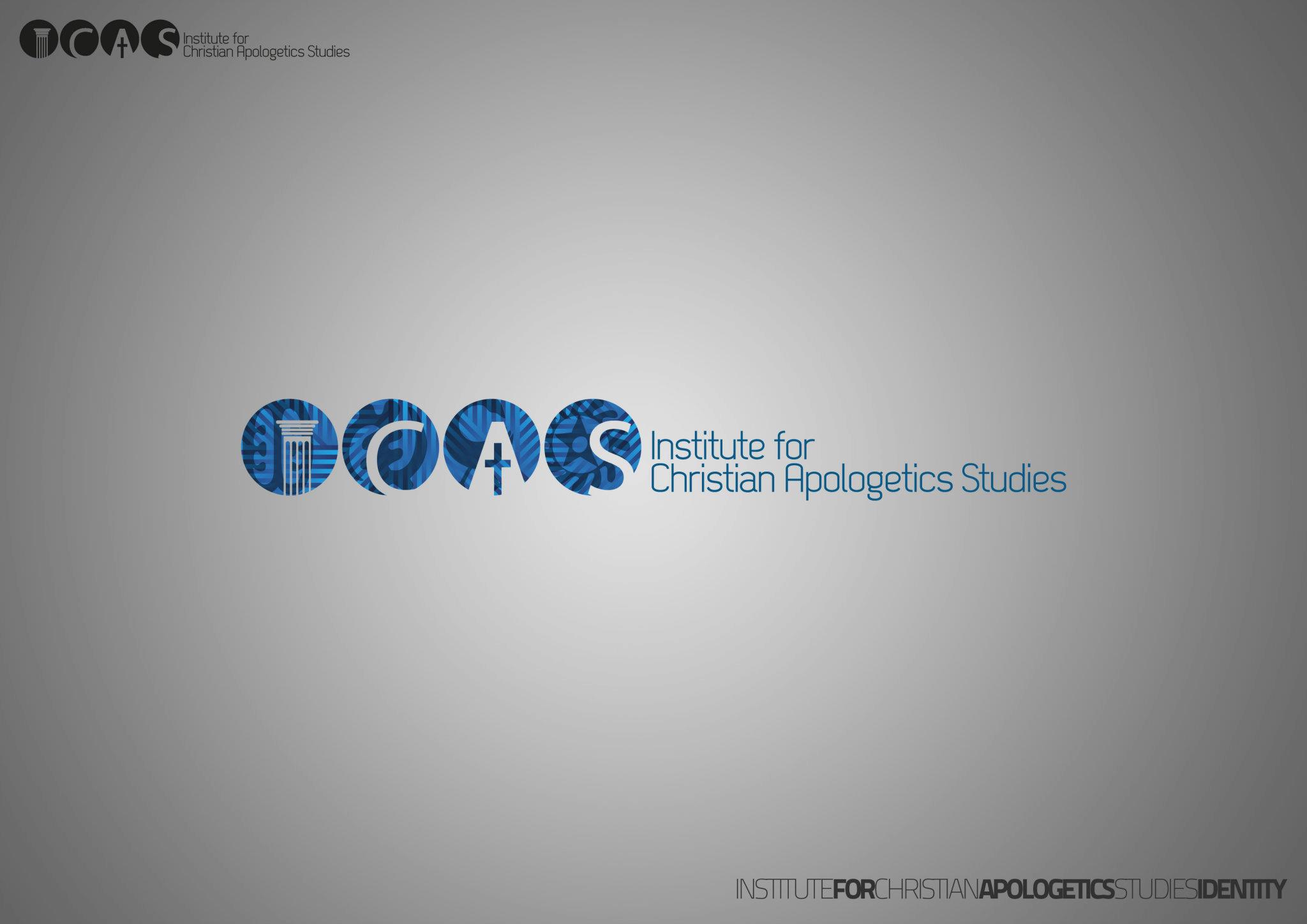 An identity sheet on a grey vignette field. Four blue discs sit in a row across the middle, each patterned with overlapping circles, wedges and radiating bars in several tones of blue, and each with one letter of ICAS knocked out of it in white: the I is a classical fluted column with its capital, the C a thick crescent, the A an angular form carrying a small latin cross in its lower half, and the S a plain curved letter. To the right, set in a light geometric sans in the same blue, the name reads Institute for Christian Apologetics Studies across two lines. The lockup is repeated small and entirely in black at the top left, and a caption across the bottom right runs INSTITUTE FOR CHRISTIAN APOLOGETICS STUDIES IDENTITY with FOR, APOLOGETICS and IDENTITY set heavier than the words between them.