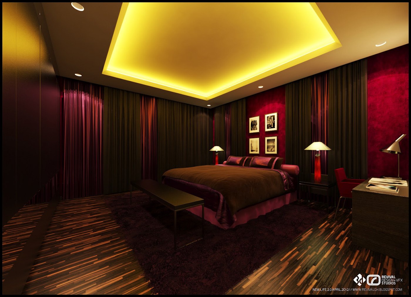 Bedroom visualization: a deep red feature wall behind a brown-covered bed, dark timber panelling and heavy drapes either side, three framed prints above the headboard, table lamps at both ends and a glowing gold ceiling recess overhead.