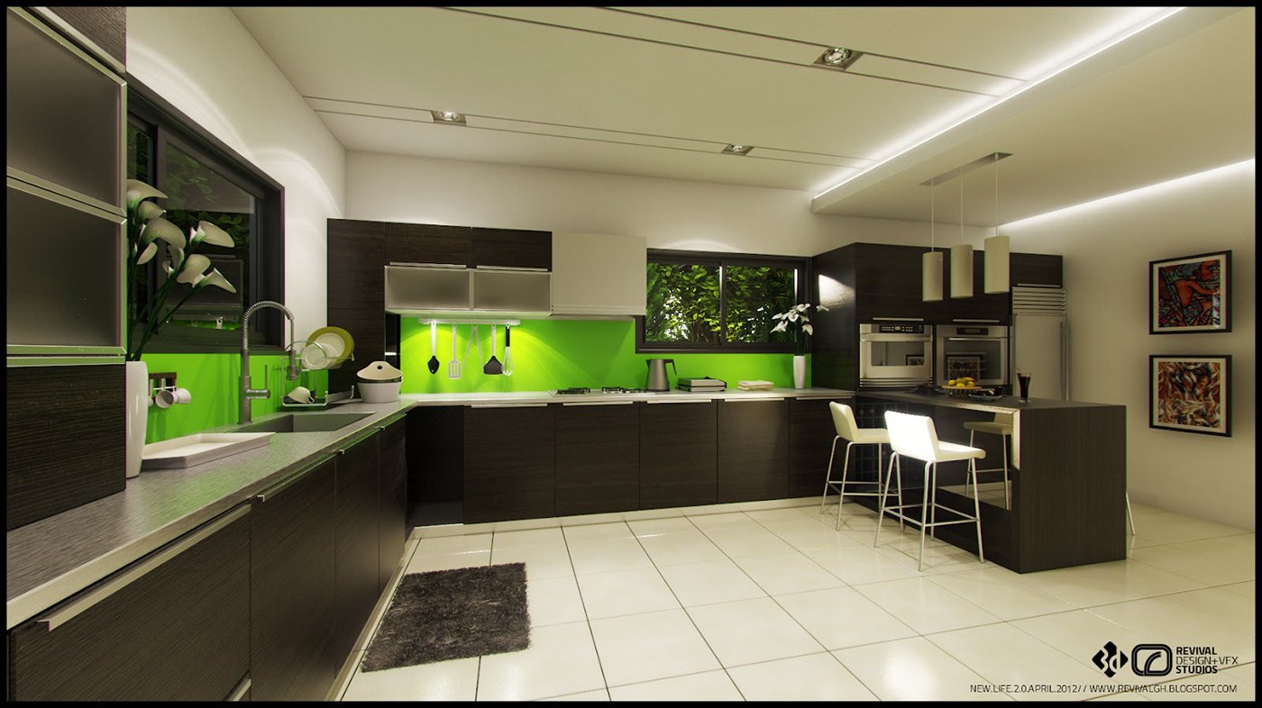 Kitchen visualization in black gloss and lime green: a U of low cabinets with a green splashback and matching counter strip, white bar stools at a breakfast peninsula, glossy white tile floor and small windows onto foliage.