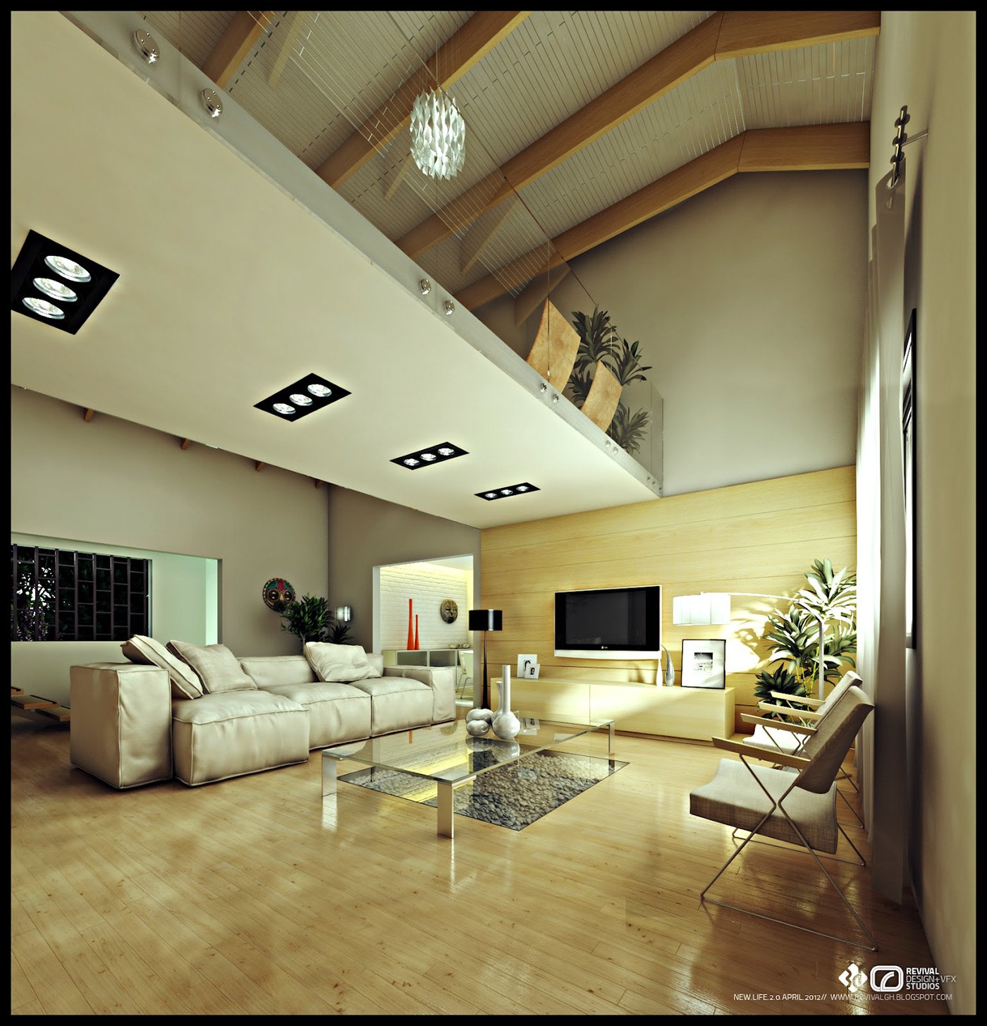Double-height living room visualization: a cream leather sofa and glass tables on herringbone parquet beneath a pitched timber roof with exposed trusses, a planted mezzanine ledge above, square recessed downlight clusters and a wall-mounted screen.