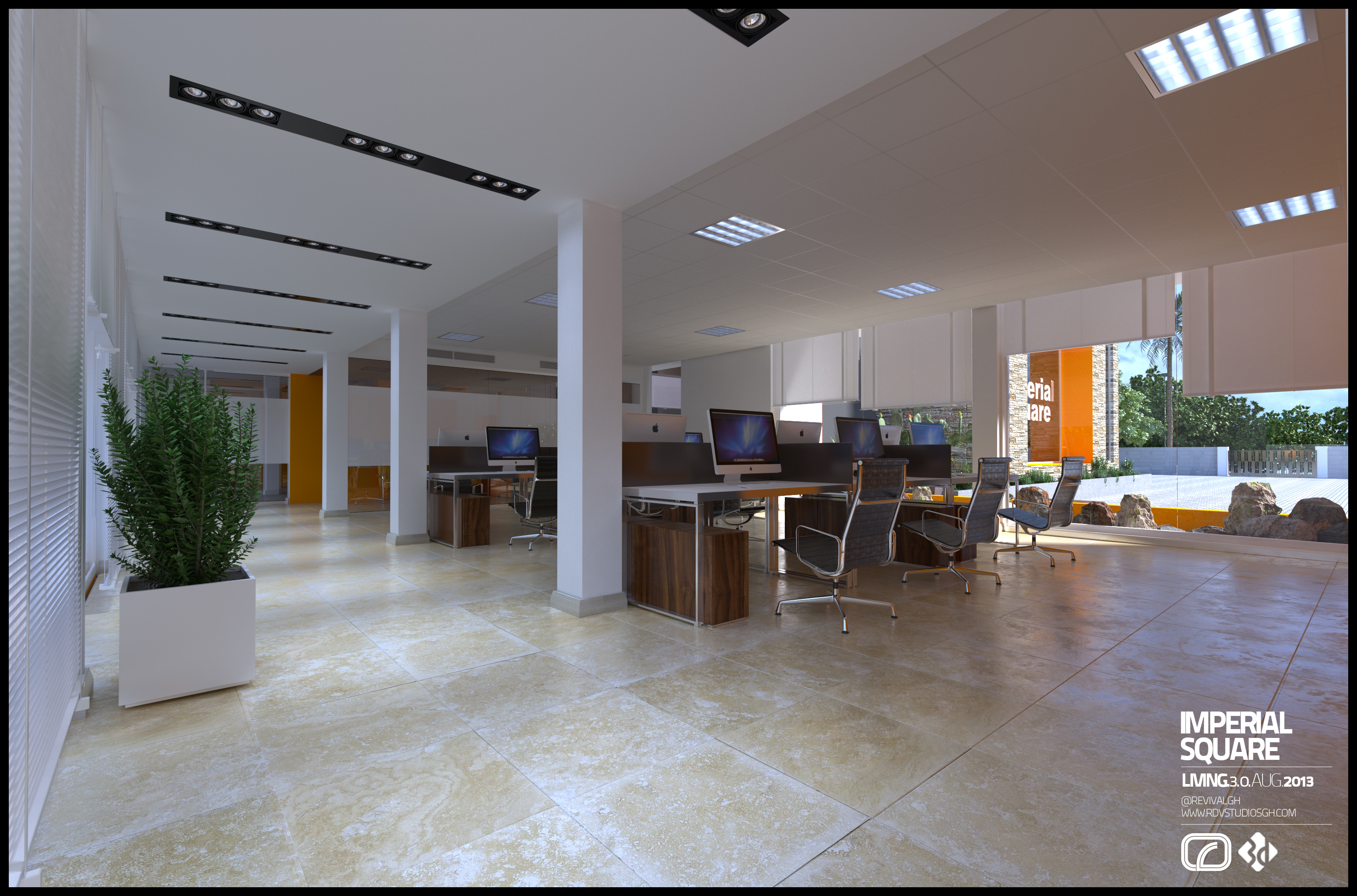 Imperial Square open-plan office: white desks with dark wood pedestals and desktop computers, grey task chairs, black track spotlights overhead, orange signage visible outside