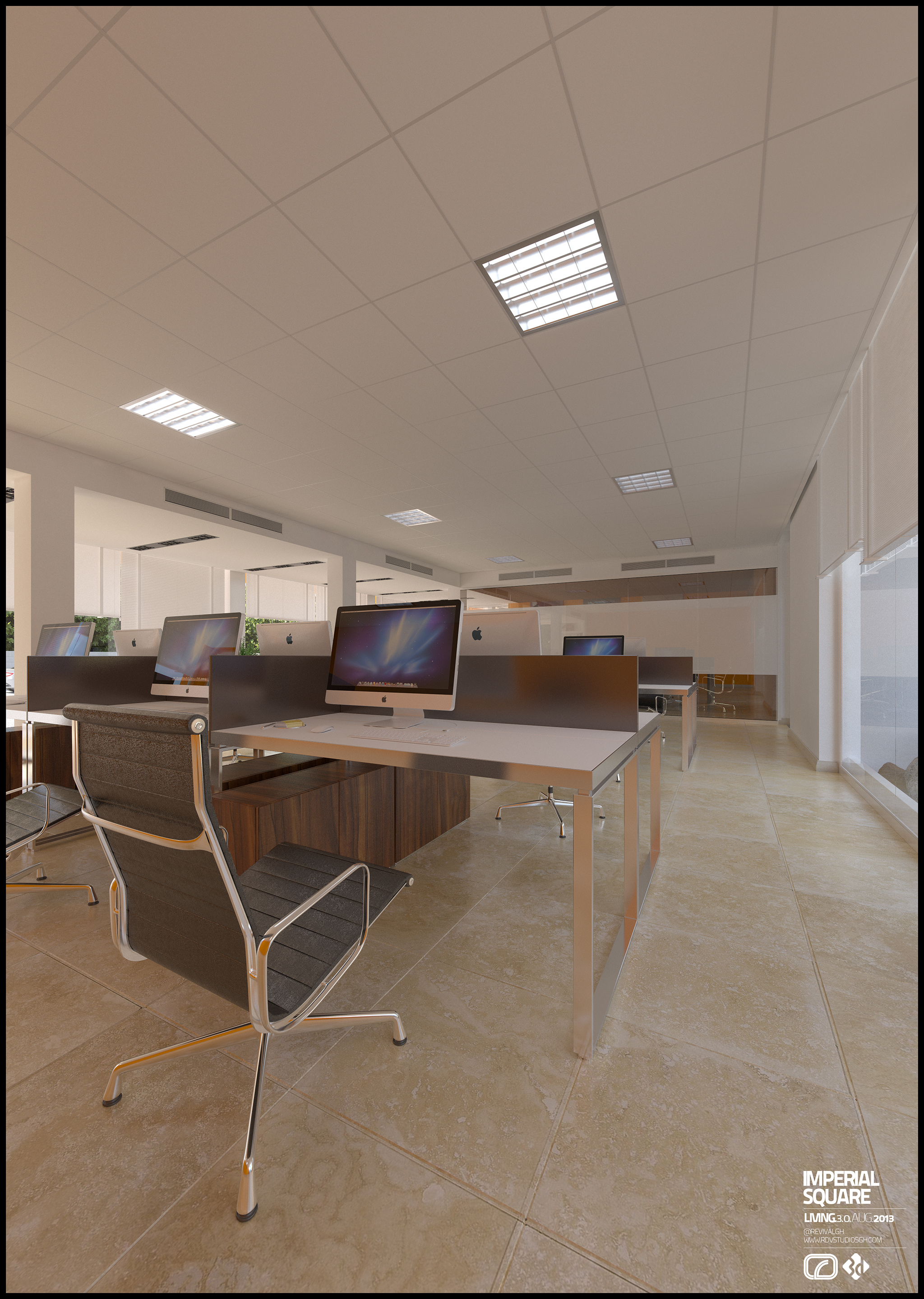 Imperial Square office in portrait crop: a chrome-legged desk with wood pedestal and a desktop computer showing blue wallpaper, grey cord-mesh task chair under a grid ceiling