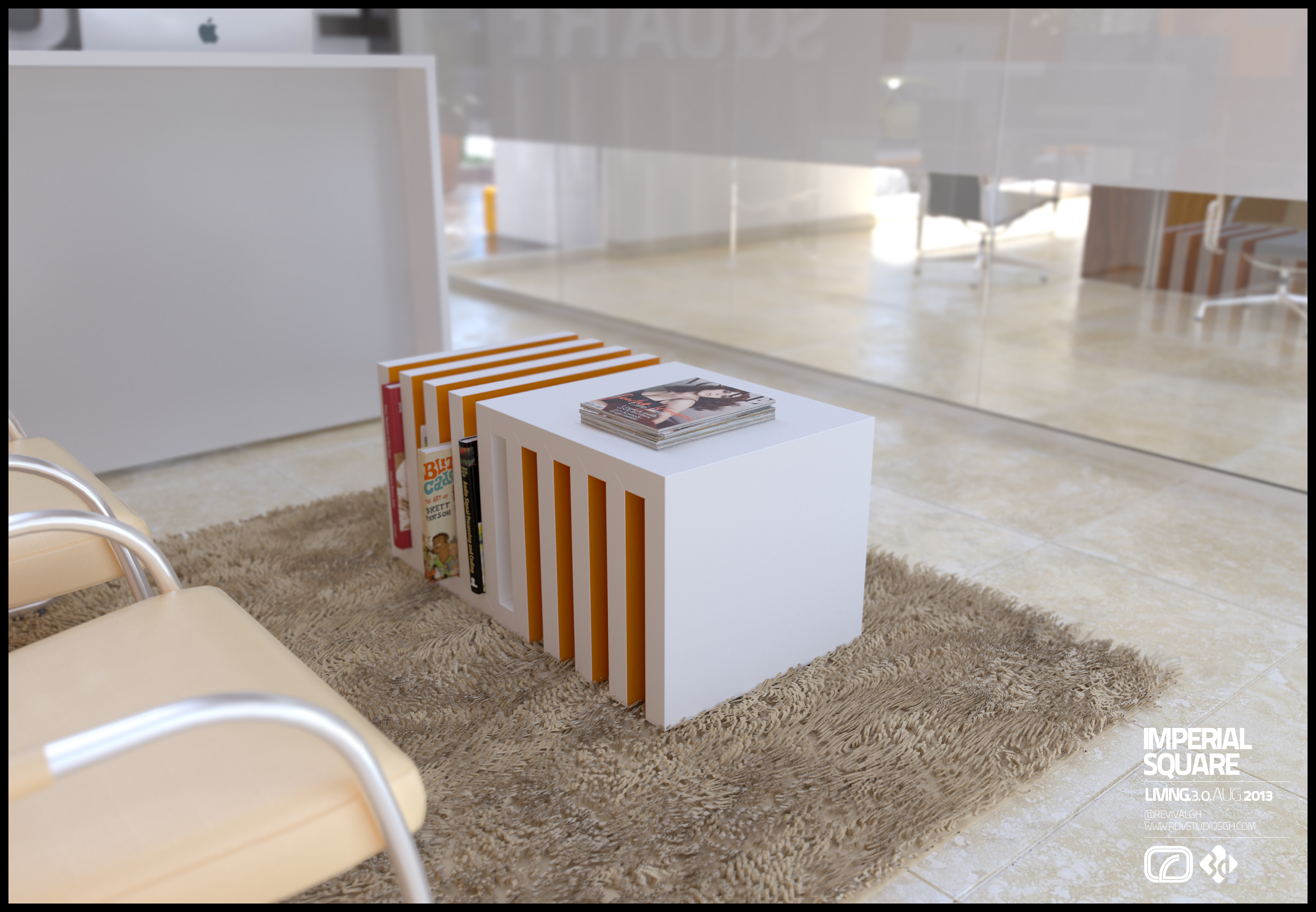 Imperial Square detail of the white slatted magazine plinth on the brown shag rug, books in its slots and magazines stacked on top, cream chair arms and the counter blurred behind