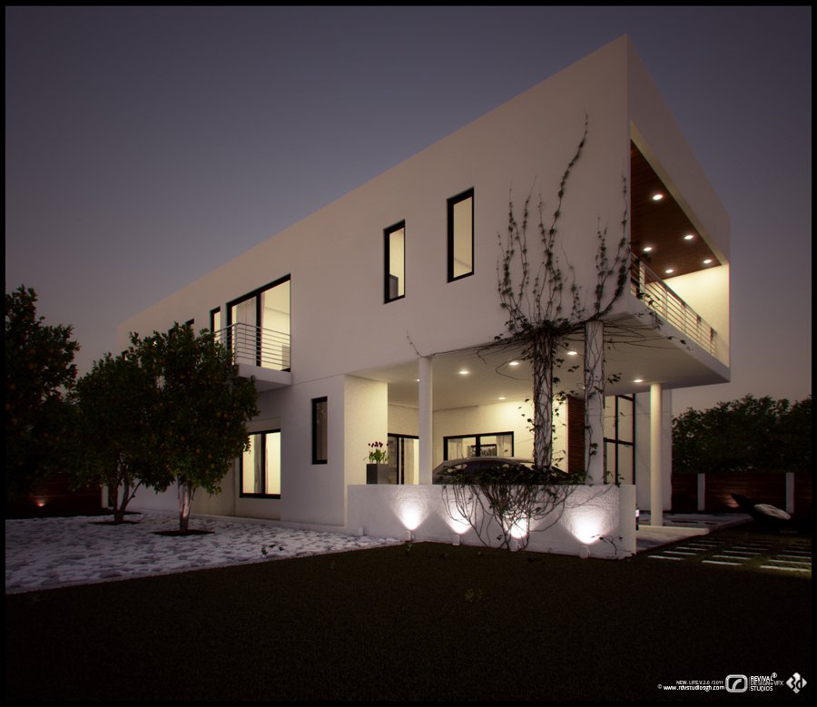 Exterior visualization at dusk: a crisp white two-storey villa with tall slit windows and a glazed ground floor, interior light spilling out and garden uplights washing the lawn, set under a deep blue evening sky with a small studio watermark.
