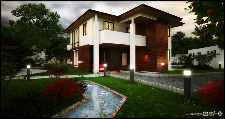 Dusk exterior visualization: the two-storey white and timber house with a gabled roof, windows glowing gold, a paved path lined with low bollard lights curving through a lawn of red-leafed shrubs toward the entrance under a dark sky.