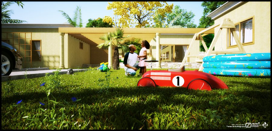 Daytime exterior render: an ochre single-storey house with a covered porch, children playing on a green lawn beside a red toy car and a blue pool cover, palms and trees behind, conveying a family lifestyle under bright daylight.