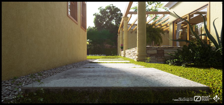 Exterior visualization: the side of an ochre house with a timber pergola and stone-clad columns casting striped shadows across a paved walkway and lawn, a window glowing warmly, framed by greenery under soft daylight.