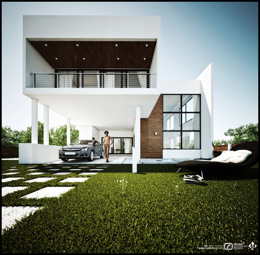 Daytime exterior render of the white two-storey villa: a flat-roofed carport shelters a silver car, a timber slat panel warms the white facade, full-height glazing reflects the sky, and a person stands by a daybed on the striped lawn.