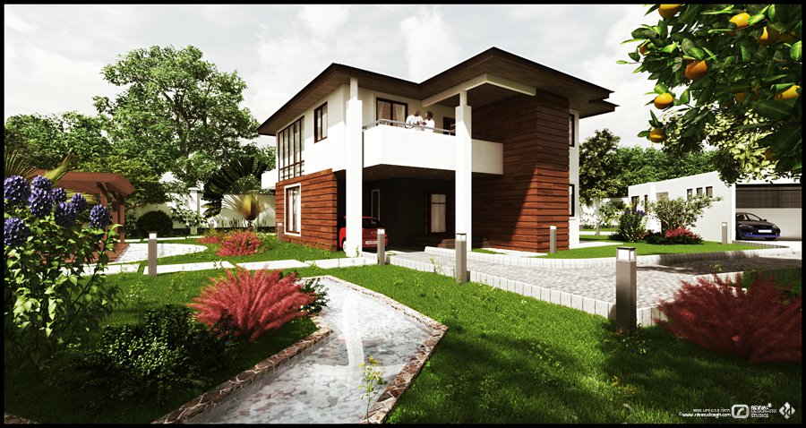 Exterior visualization: a two-storey house combining white walls, timber cladding and a gabled roof, approached along a paved path through a landscaped garden of lawn, shrubs and red-leafed plants under a bright blue sky with a white car parked.