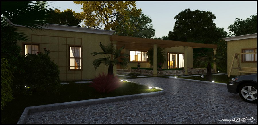 Dusk exterior render: an ochre single-storey home with a lit carport and warm glowing windows, a paved driveway sweeping past a palm and a parked car, set against a deepening blue twilight sky.