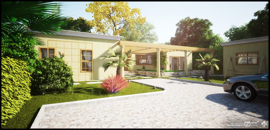 Daytime exterior visualization: an ochre house with a timber pergola walkway and stone columns, a curved paved forecourt, a silver car at right, and a garden of hedges, palms and red plants under a clear bright sky.