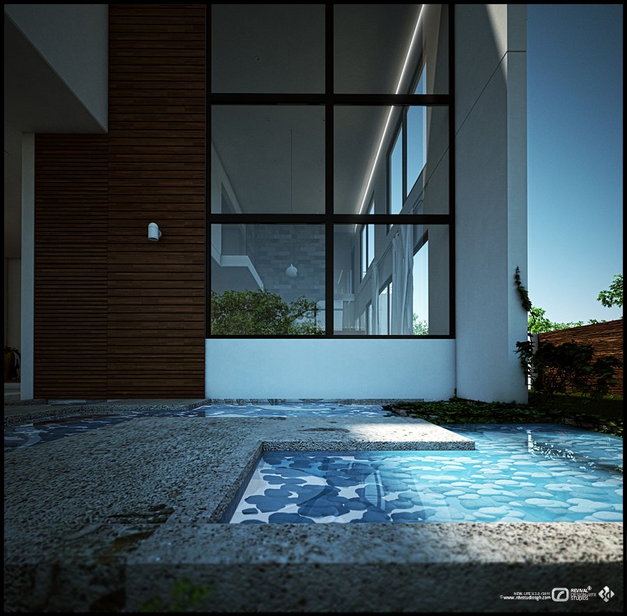 Detail exterior render at dusk: a timber-slatted wall beside full-height black-framed glazing, with a rippling reflecting pool in the foreground mirroring the interior light, and a low planter of greenery along the base.