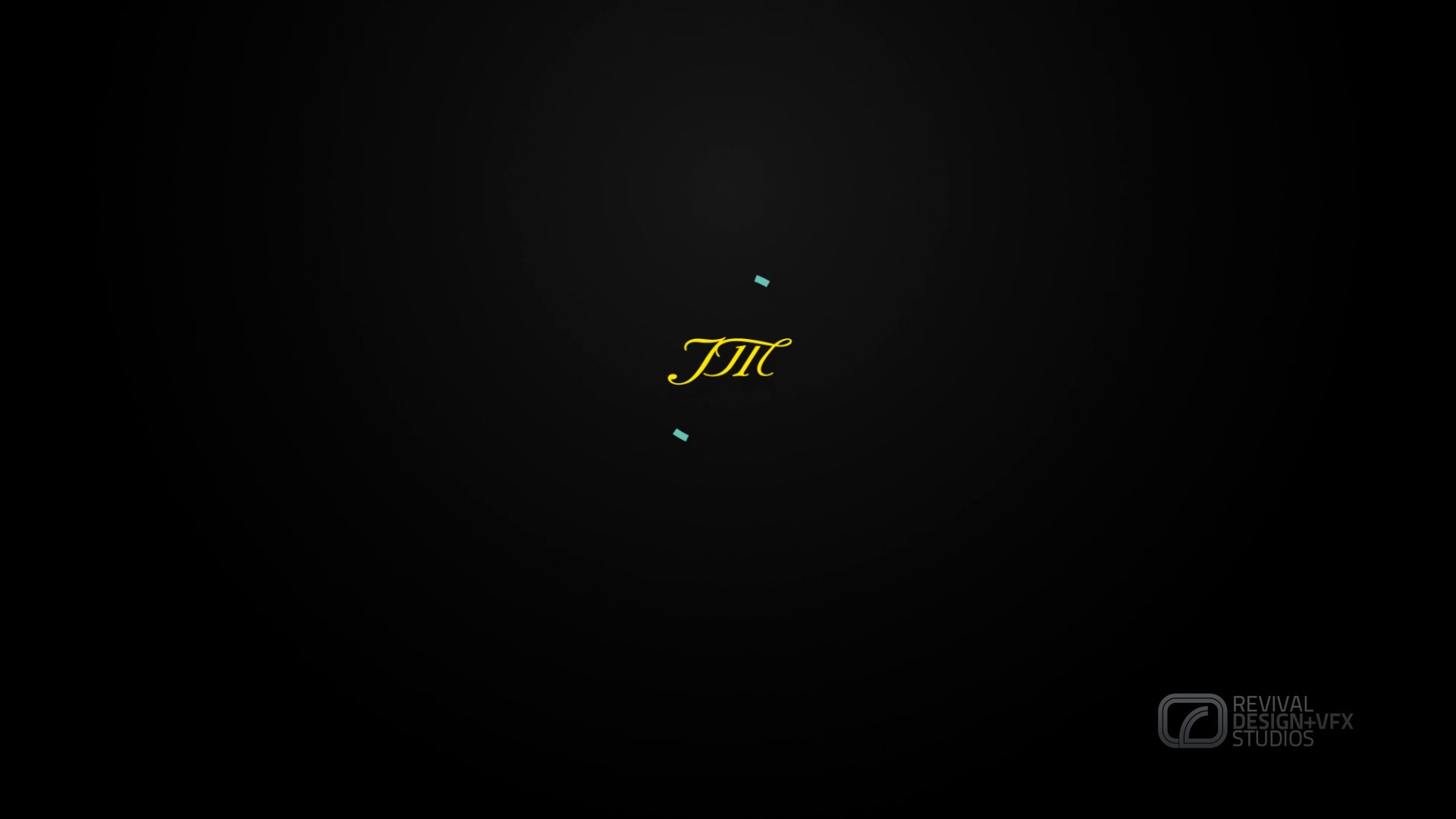 The yellow J and M script monogram alone on black, before the ring is drawn