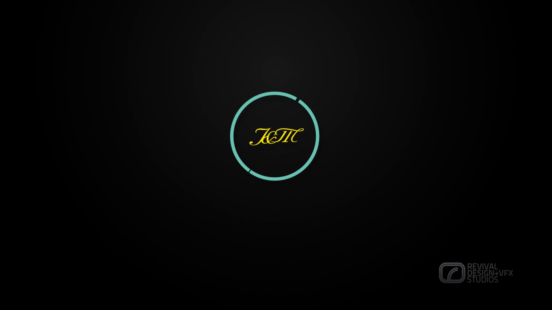 The monogram held inside a thin teal oval ring on black