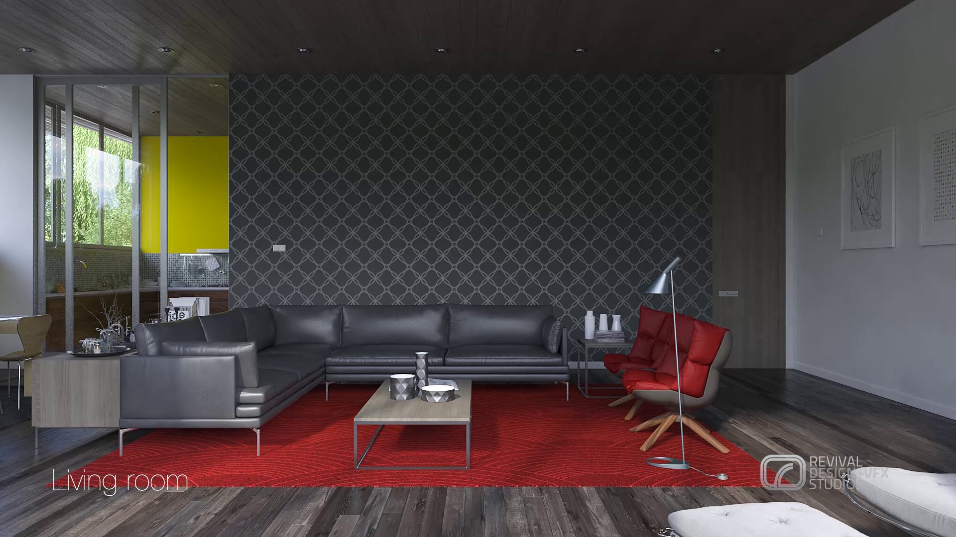Living room wide: a grey sectional on a red concentric-circle rug against a charcoal fish-scale patterned wall, with an acid yellow panel at the far end and a glass partition to the left