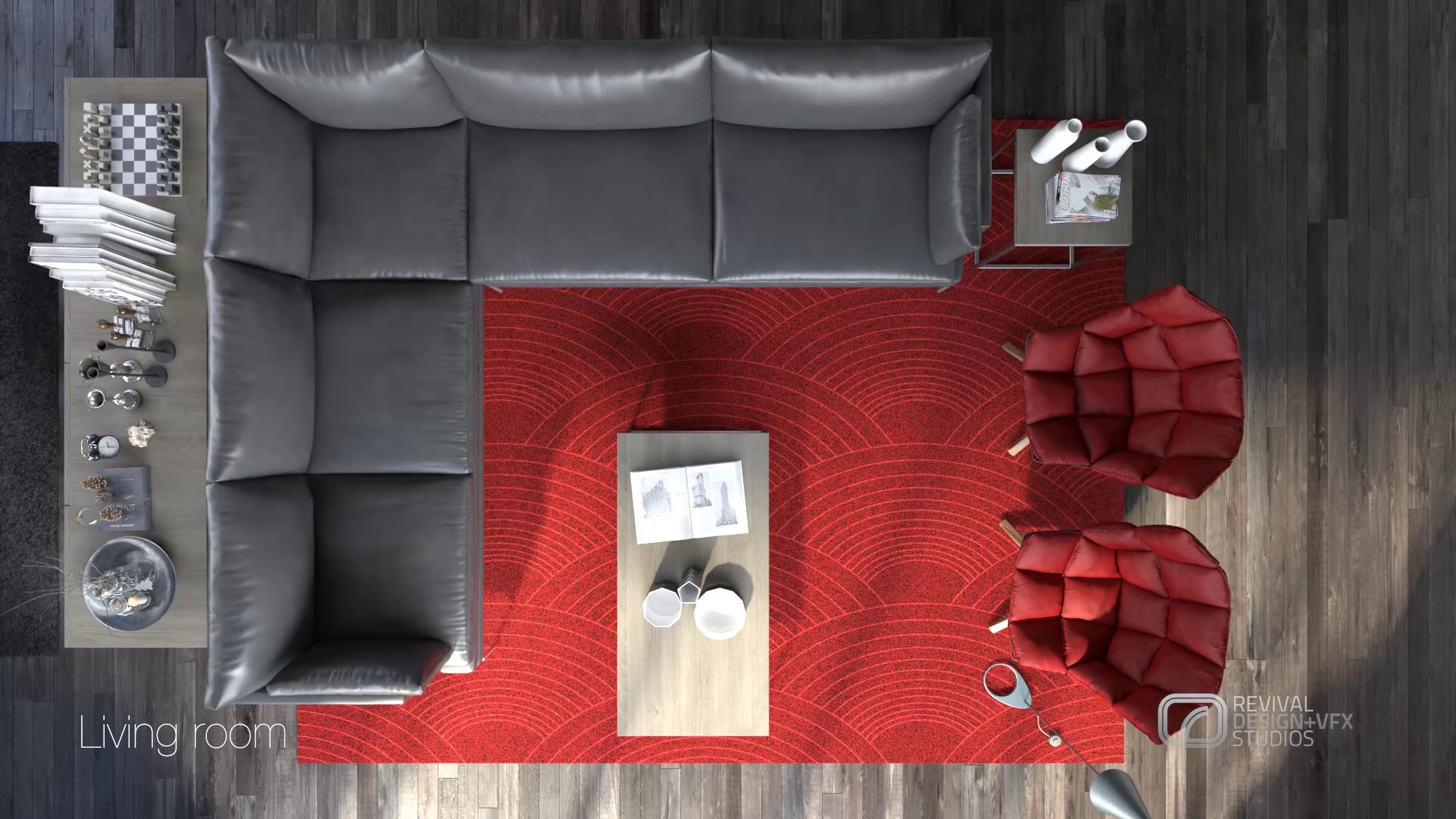 Living room from directly overhead: the L of the grey sofa, the red rug, two red shell chairs and side tables of books and glassware