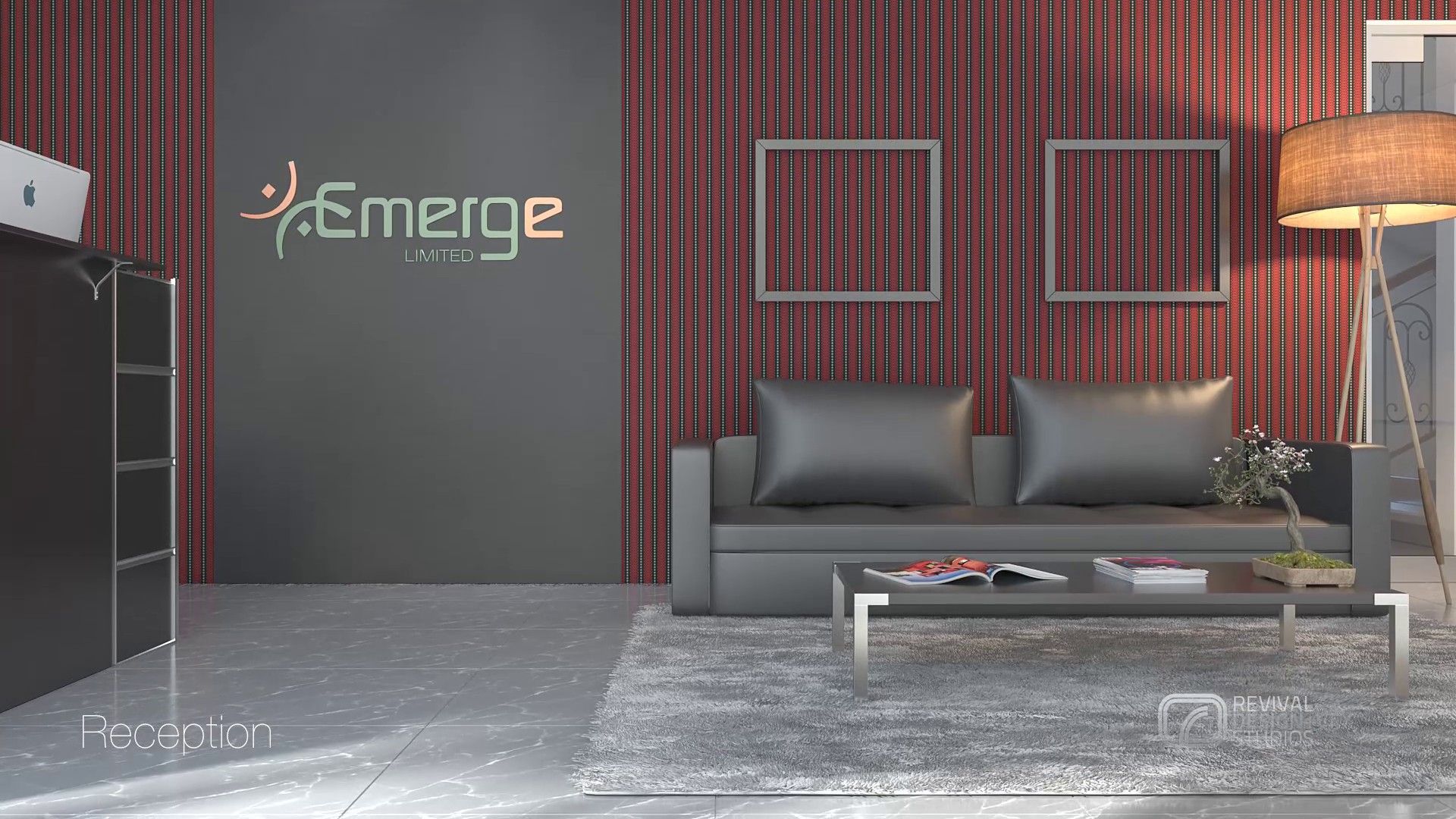 Reception wide: a grey sofa and two silver frames against deep red vertical-stripe paper, the Emerge Limited logo on the grey wall to the left, a paper shade floor lamp at the right