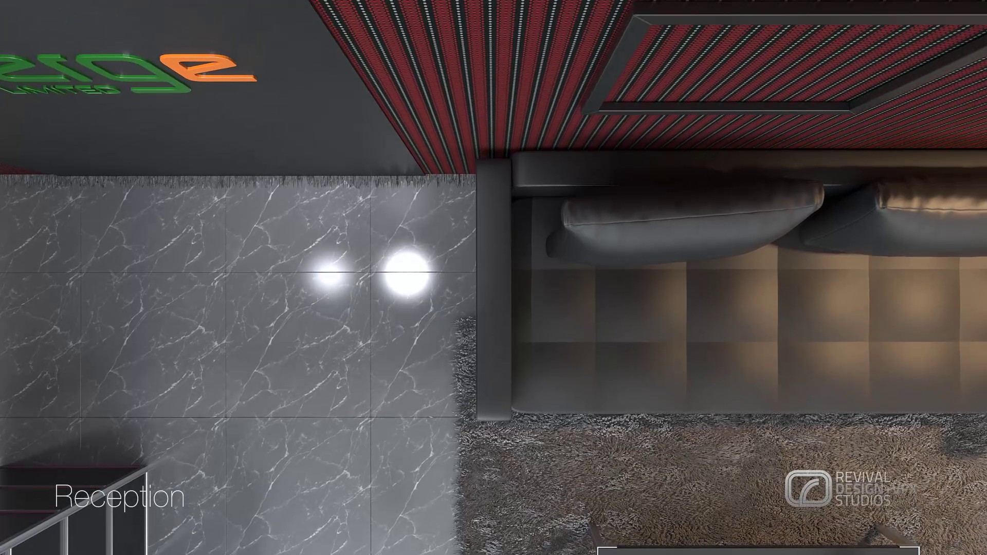 Reception from above: the ribbed red ceiling, a dark veined marble floor and the reception desk set into the corner