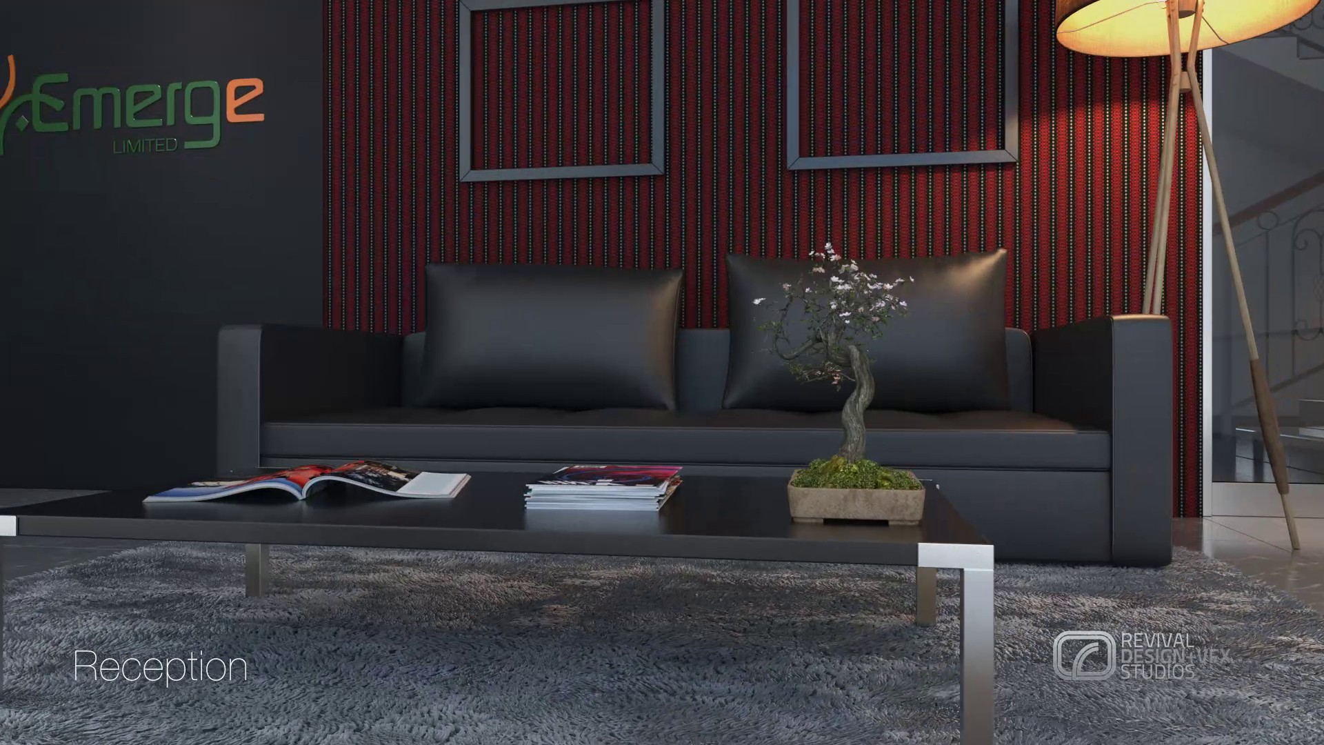 Reception detail: the grey sofa with dark cushions under two silver frames on red stripe paper, a bonsai on the low table and a tripod lamp at the right