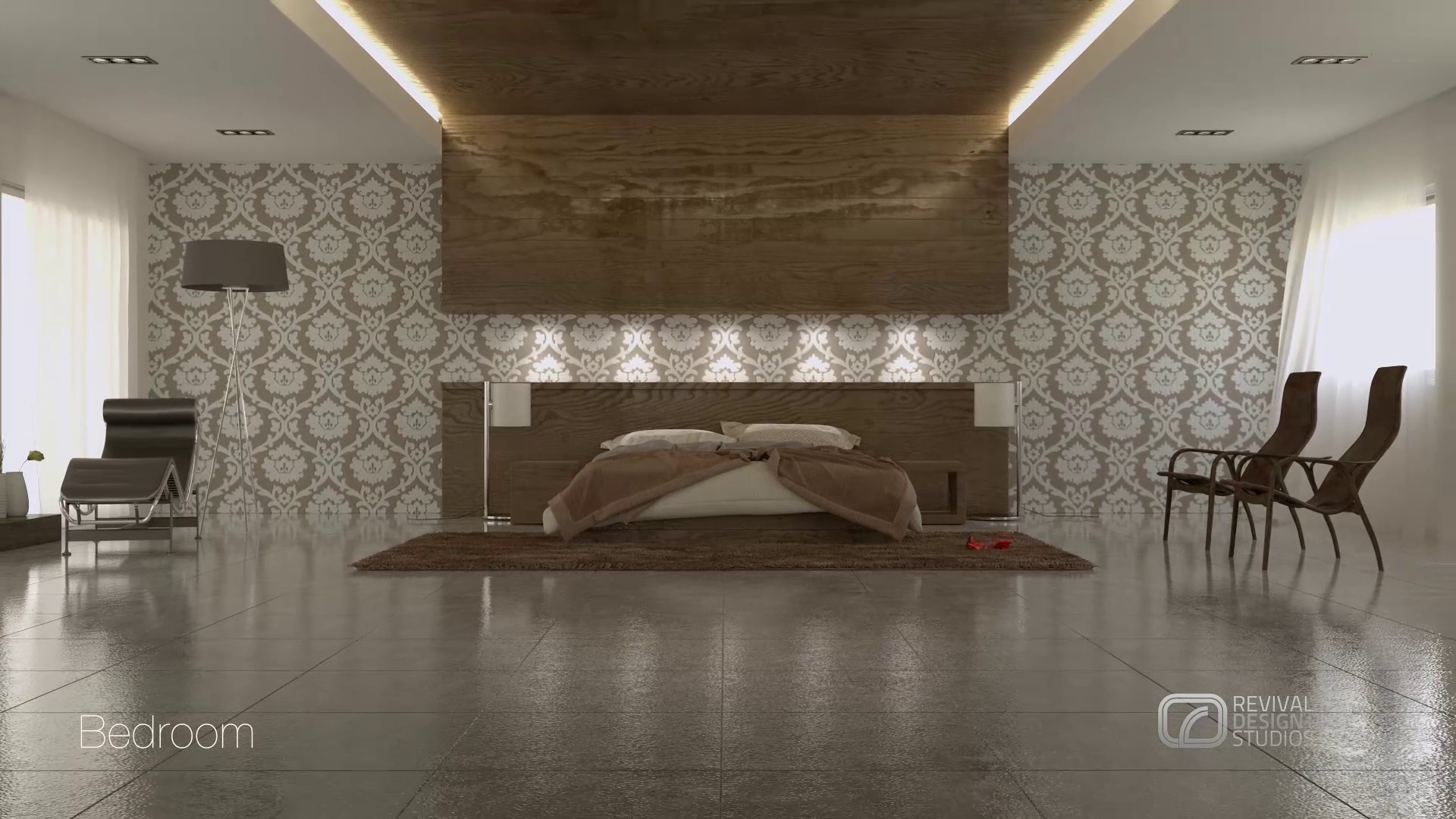 Bedroom wide: a low bed under a floating timber ceiling feature with cove light, grey damask walls lit from behind the headboard, two chairs at the far window