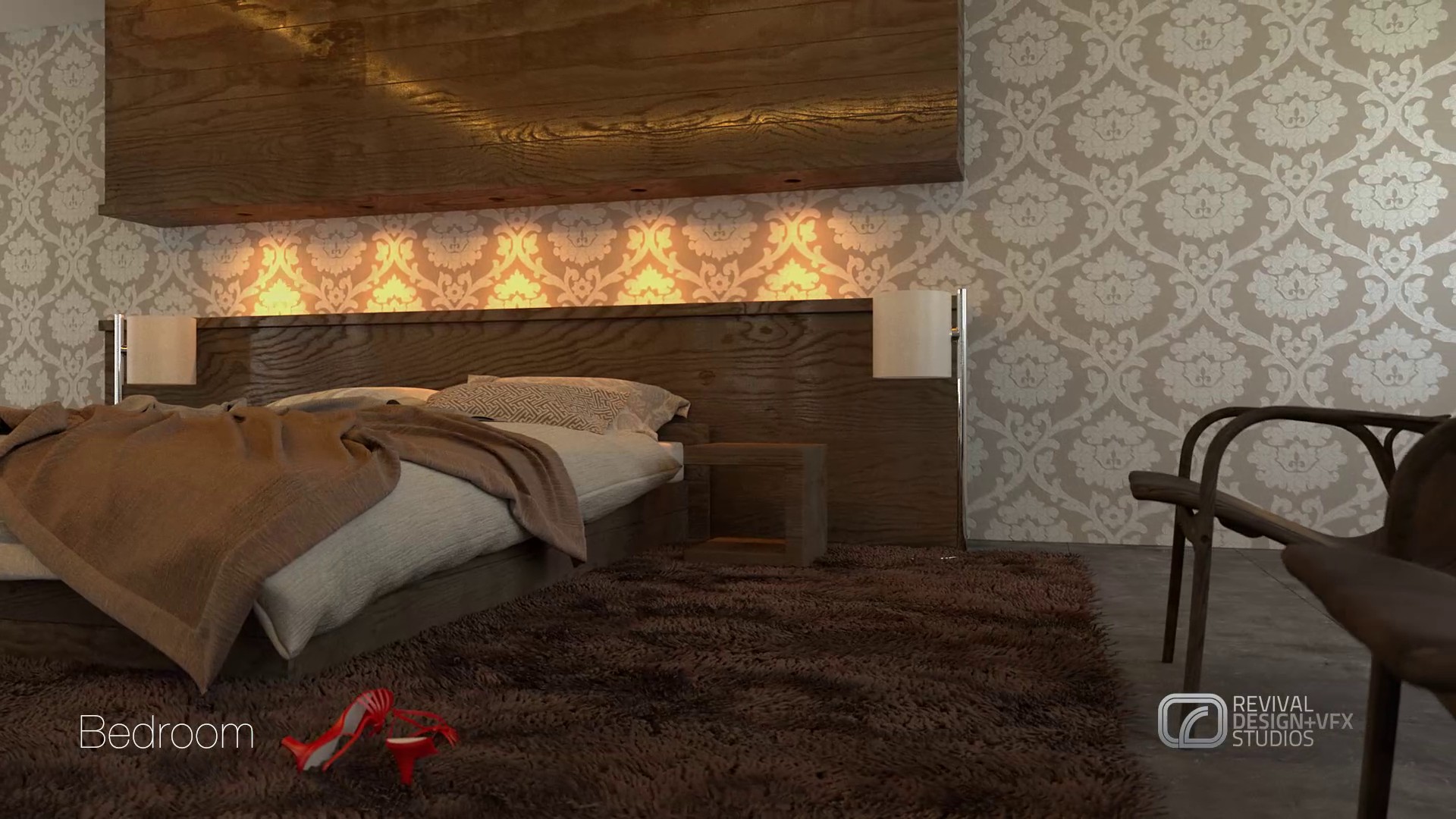Bedroom detail: the timber headboard against damask picked out by uplight, brown throws and a deep shag rug, the arm of a chair at the right