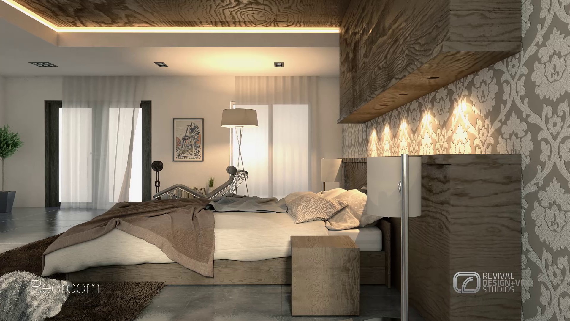 Bedroom from the foot of the bed: sheer curtains at the window, a framed print and floor lamp, the timber ceiling feature running over the headboard