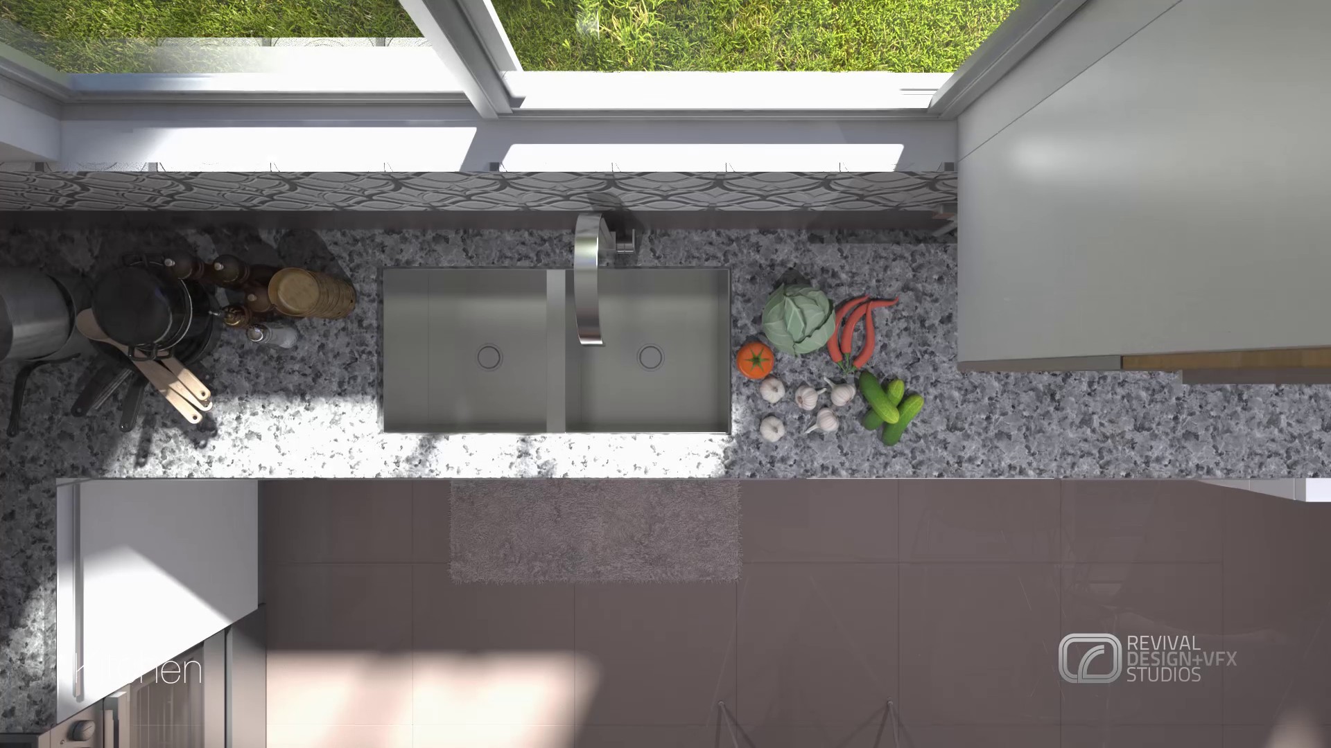 Kitchen from directly overhead: the sink and tap in a dark worktop ringed by boards, pans and cut vegetables, skylights and planting above