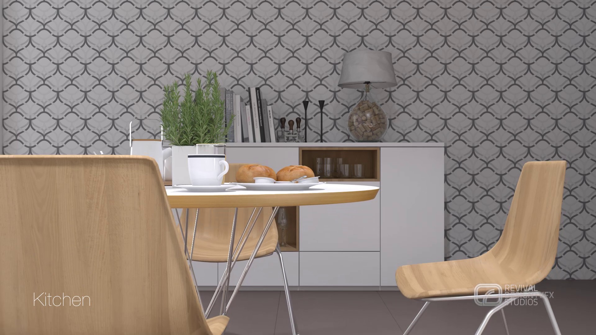 Kitchen detail: a moulded wood chair at a round table set with coffee and bread against the grey quatrefoil paper, a white sideboard with books and a lamp behind