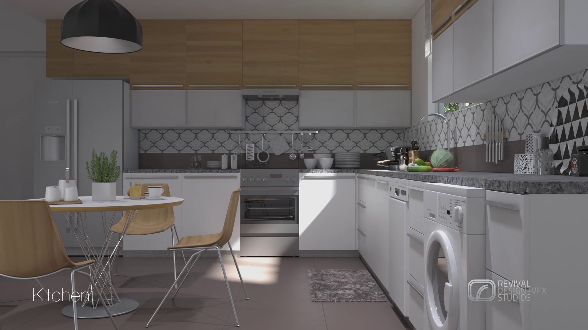 Kitchen wide: white base units and oak wall cabinets, a hob and extractor, a washing machine at the end of the run, a black pendant over a small table