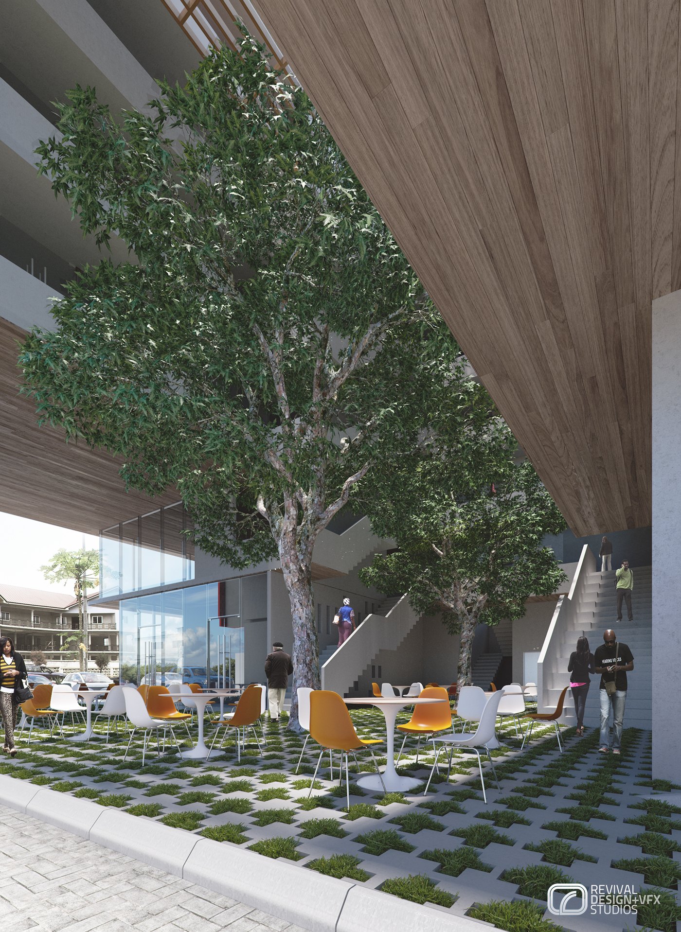 Exterior visualization of the shaded courtyard: a warm timber-slatted canopy overhead, a mature tree rising through a paved plaza, and rows of white cafe tables with mustard and orange chairs, with the glass building and a staircase visible behind.