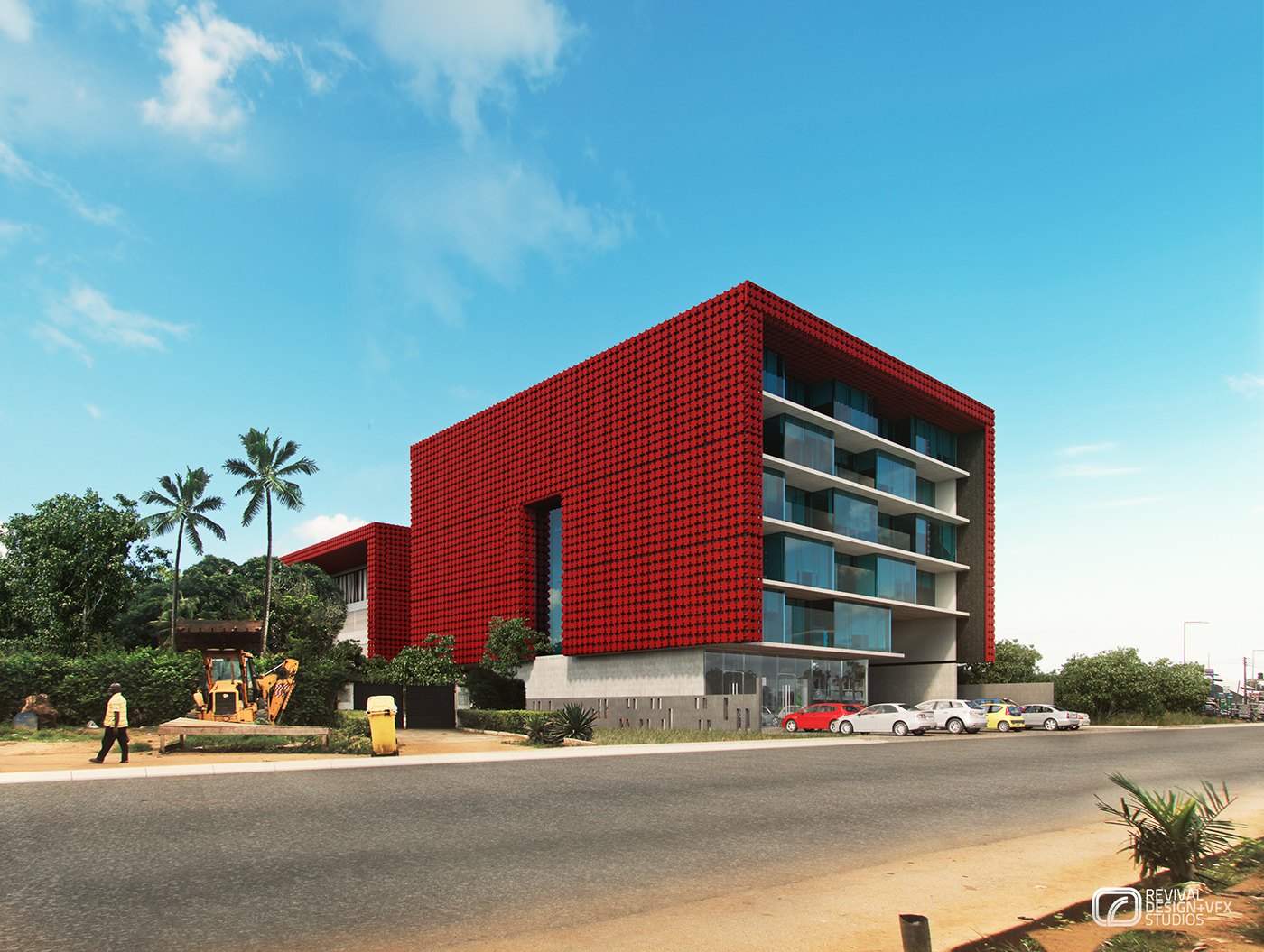 KDMRD - the red perforated-brick cube by day, its glazed balcony stacks facing the street where cars are parked, with palms and a loader at the gate to the left