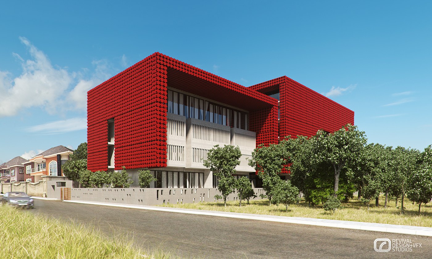 Daylight exterior visualization from a corner: the red cube with its perforated screen and timber-lined openings, glass balconies catching the sun, set on a paved yard edged with young trees and a parked car under a blue sky.