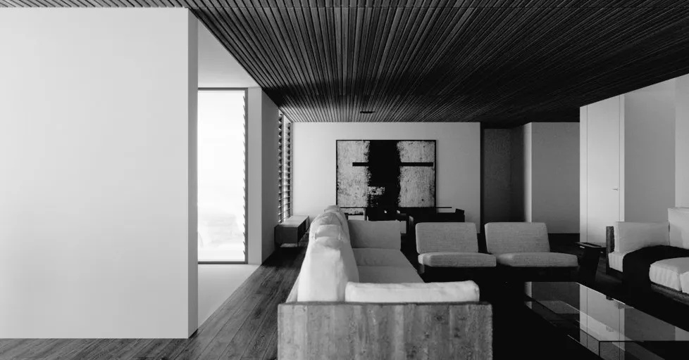 Kuma Residence — the material and lighting study: a long pale sectional facing an abstract canvas beneath a dark slatted timber ceiling, louvred glazing running down the left and a lacquered black table mirroring the seating at the right, all rendered in greyscale