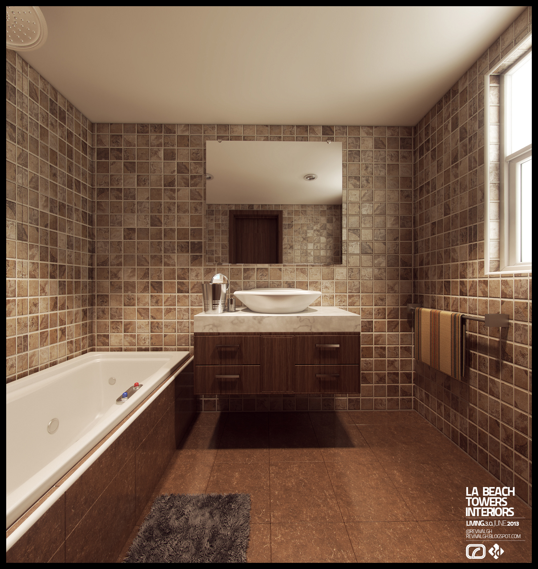 La Beach Towers bathroom: a built-in white jacuzzi tub set against walls of small brown mosaic tiles, a floating walnut vanity with a marble top and a vessel basin below a frameless mirror, striped towel on a rail under the window.