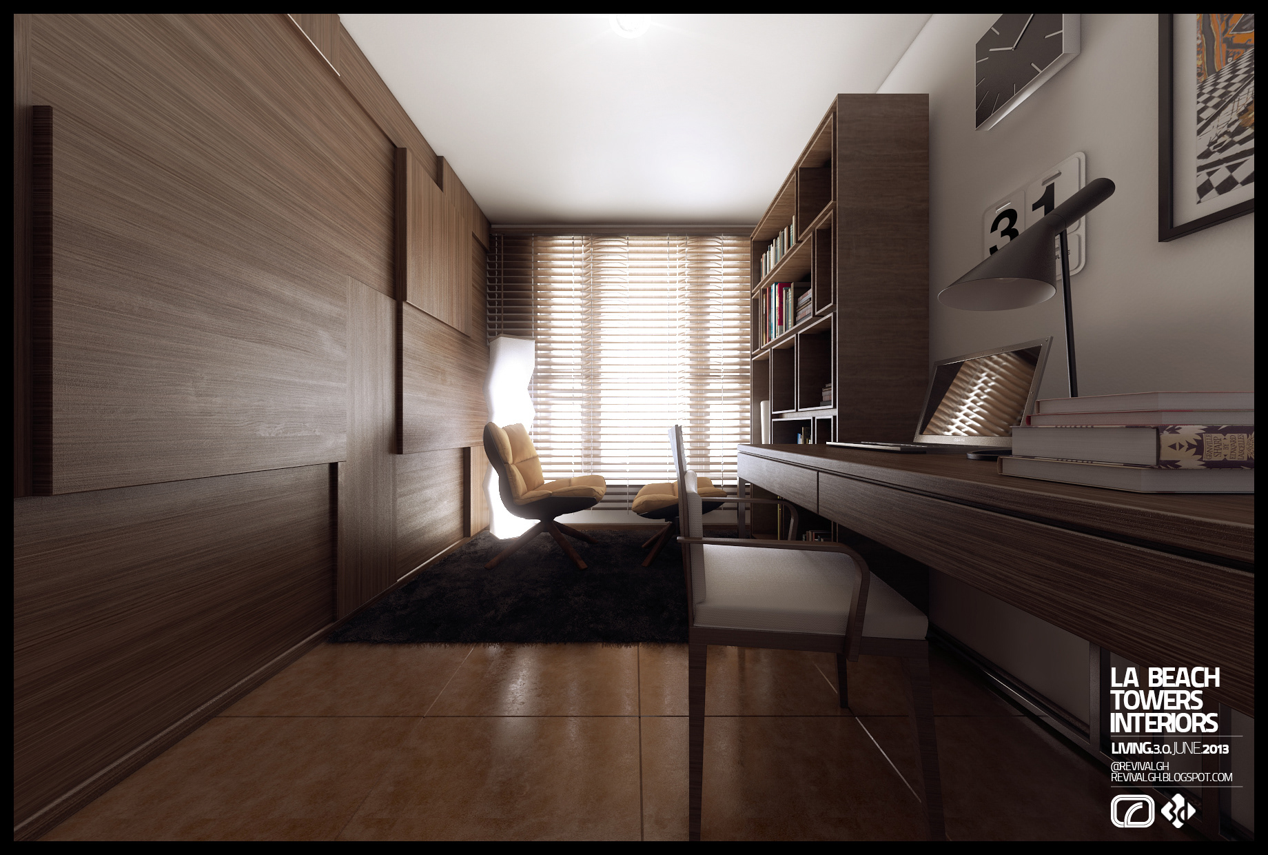 La Beach Towers study from the panelled wall: a long walnut desk running the right side with a laptop, stacked books and a black cone lamp under open shelving, two tan lounge chairs on a dark shag rug before a blind-covered window at the far end.