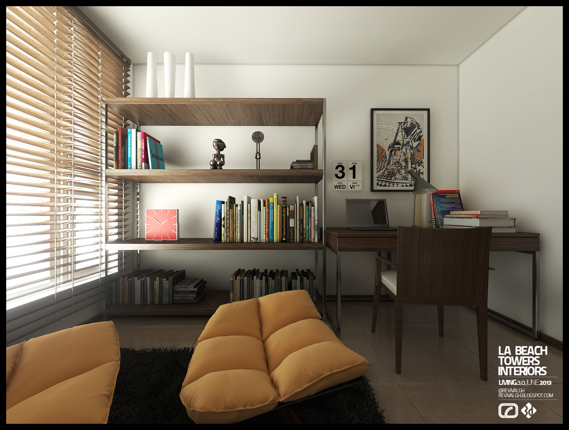 La Beach Towers study corner: open walnut shelves on a slim metal frame holding books, a red square clock and a carved figure, three white vases along the top, a small desk with a laptop and chair at right, framed print and flip calendar on the wall, tan cushioned lounge chairs in front of wooden blinds.