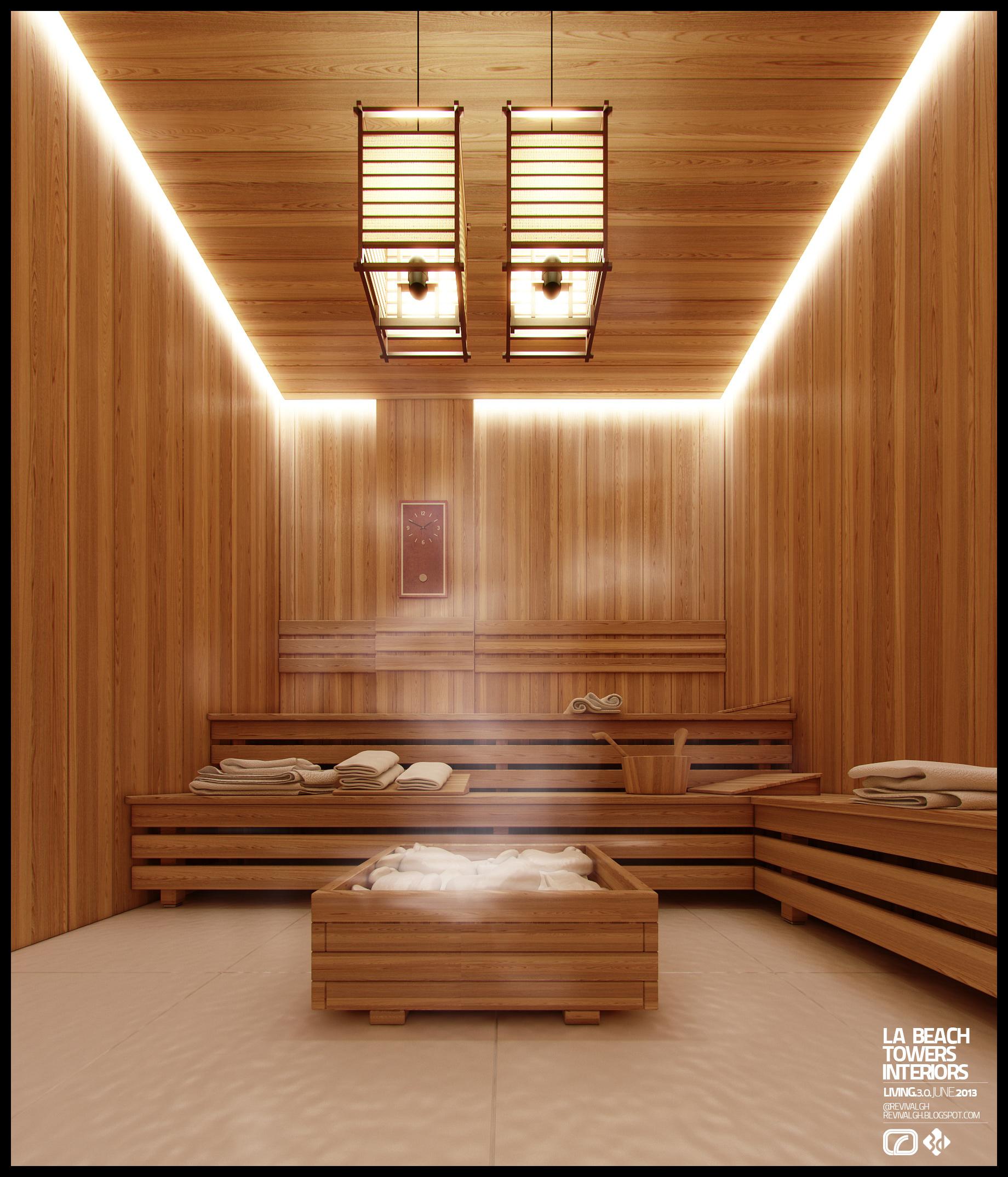 La Beach Towers sauna from the ceiling down: two rectangular lantern pendants and cove light washing the panelled walls and timber ceiling above the tiered benches, folded towels, bucket and the steaming crate of white stones.