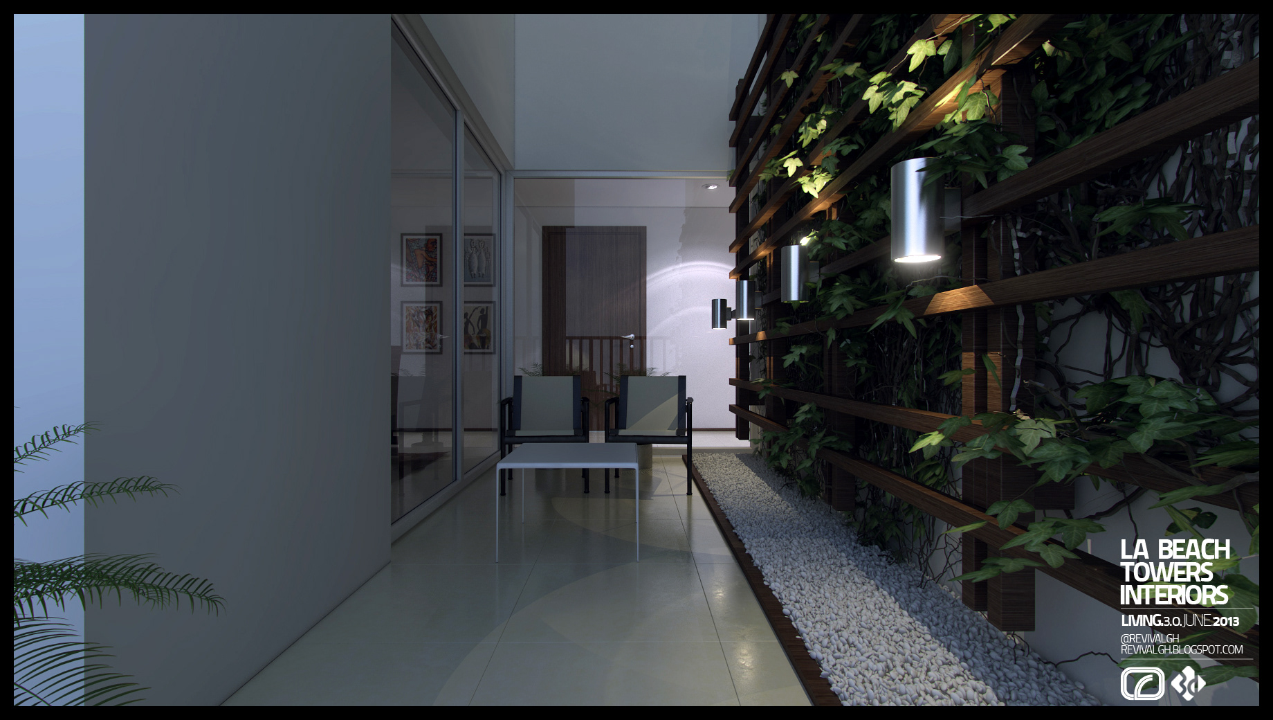 La Beach Towers balcony at dusk: two low lounge chairs and a white coffee table on pale tiles, a timber trellis planted with ivy running the right side lit by cylindrical wall spots over a channel of white pebbles, glass wall to the apartment at left.