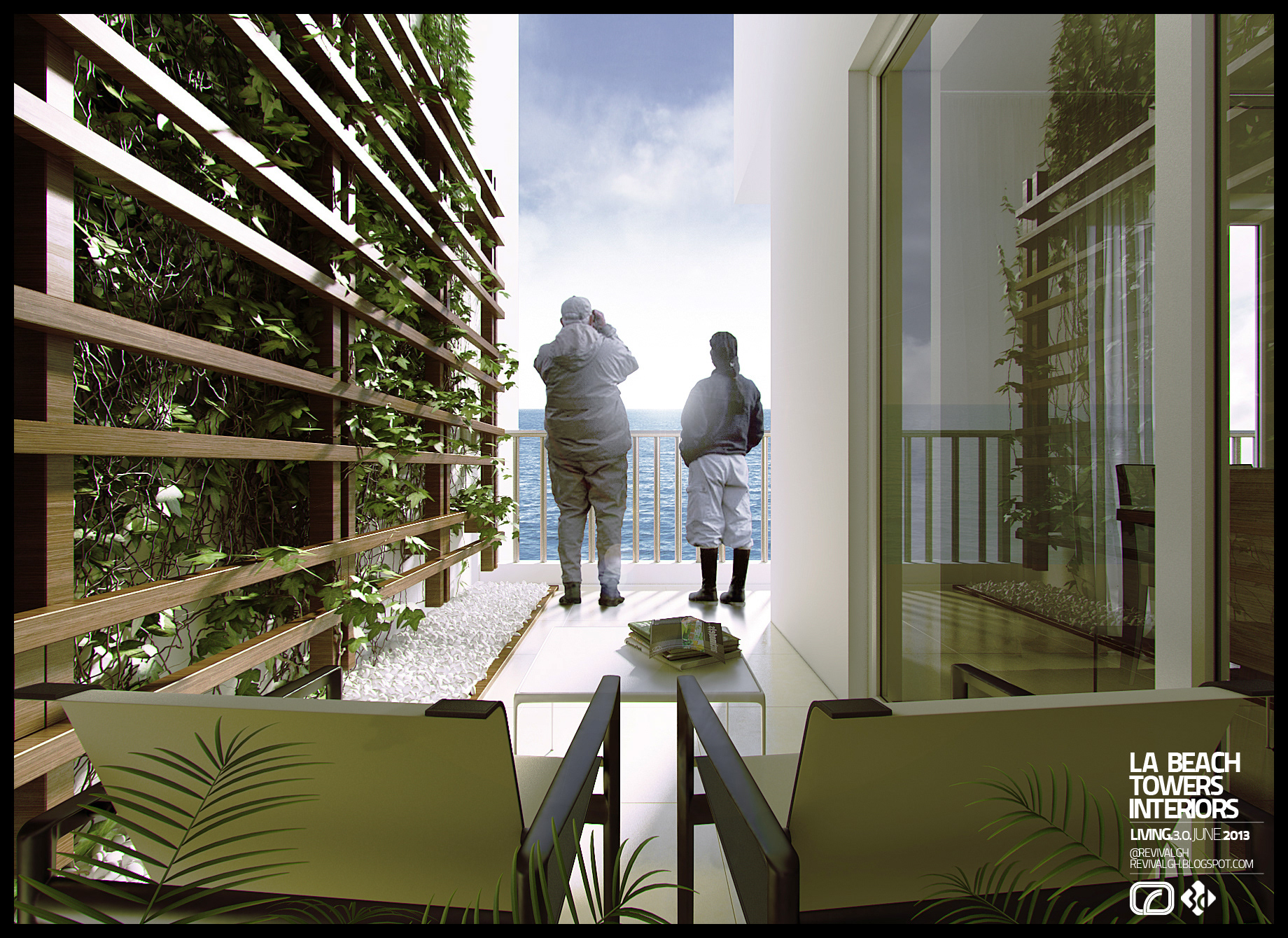 La Beach Towers balcony in daylight: two figures standing at the glass balustrade looking out to sea, the planted timber trellis at left, magazine-topped coffee table and lounge chairs in the foreground, apartment glazing reflecting the planting at right.